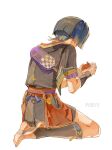  1boy bag barefoot black_hair from_behind genshin_impact heart highres japanese_clothes lic_617 male_focus scaramouche_(genshin_impact) seiza short_hair shorts sitting solo 