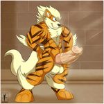  2013 3_toes aaron_(artist) abs ankle_tuft anthro anthrofied arcanine athletic balls barefoot biceps big_balls big_muscles big_penis black_nose blue_eyes body_hair border brodie_nova brown_fur brown_stripes canine chest_hair condom digital_media_(artwork) digitigrade elbow_tufts erection fan_character fangs front_view full-length_portrait fur glans grin hair hi_res humanoid_penis male mammal markings multicolored_fur muscular muscular_male nintendo nude orange_fur paws pecs penis pepsi_(fa) pink_penis pok&eacute;mon pok&eacute;morph portrait presenting presenting_penis quads smile smirk solo standing striped_fur stripes tan_balls tan_fur tan_hair tan_tail teeth thick_penis toes tuft vein veiny_penis video_games wearing_condom white_border 