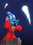  2004 alien blue_eyes blue_fur blue_nose cliff clothed clothing cresent_moon digital_drawing_(artwork) digital_media_(artwork) disney experiment_(species) fantasia fur hat lilo_and_stitch night_sky notched_ear open_mouth open_smile oversized_clothing ribera robe rope shooting_star simple_background smile solo star stitch watermark 