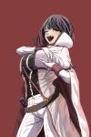  1girl absurdres alternate_costume belt black_belt black_hair breasts cape elsa_granhilte hand_on_own_chest highres knight large_breasts long_hair looking_at_viewer mole mole_under_eye pants purple_eyes re:zero_kara_hajimeru_isekai_seikatsu sharp_teeth simple_background smile teeth ve666ve weapon white_cape white_pants 