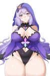  1girl bare_shoulders black_swan_(honkai:_star_rail) breasts clothing_cutout commentary cowboy_shot dress elbow_gloves gloves grey_eyes groin highres honkai:_star_rail honkai_(series) large_breasts long_hair looking_at_viewer navel navel_cutout purple_dress purple_hair simple_background sleeveless sleeveless_dress smile solo standing thick_thighs thighs veil very_long_hair white_background yellow_glasses_(odivichno) 
