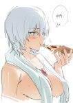  bechu blue_eyes blush breasts censored cleavage dante_(devil_may_cry) devil_may_cry_(series) eating food genderswap genderswap_(mtf) grey_hair hair_between_eyes highres holding holding_food holding_pizza jewelry korean_text large_breasts looking_at_viewer necklace pizza short_hair simple_background sketch solo towel towel_around_neck upper_body wet wet_hair white_background 