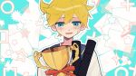  1boy blonde_hair blue_background blue_eyes blue_outline blue_sailor_collar circle crying crying_with_eyes_open happy_tears highres holding holding_trophy kagamine_len light_blush lightning_bolt_symbol looking_at_object male_focus messy_hair open_mouth outline patterned_background sailor_collar shirt short_hair short_ponytail smile solo sparkle square star_(symbol) takamiya_yuu tears trophy upper_body vocaloid white_shirt 