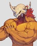 2024 5_fingers abs anthro bandai_namco biceps big_muscles biped black_sclera claws cracking_knuckles detailed_muscles digimon digimon_(species) fingers green_eyes hair hi_res male mixterart monotone_body multicolored_eyes muscular muscular_anthro muscular_male pecs red_hair solo vein veiny_muscles wargreymon white_claws white_eyes