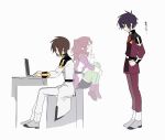  1girl 2boys absurdres black_hair brown_hair computer finger_to_mouth flay_allster ghost gundam gundam_seed gundam_seed_freedom highres hugging_own_legs kira_yamato laptop military_uniform multiple_boys red_eyes red_hair s_ask33 shinn_asuka shushing sitting uniform white_background working 