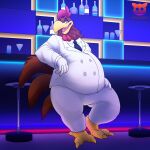 alcohol anthro avian beak belly better_version_at_source beverage bird chicken clothed clothing doritomon feathers feet foghorn_leghorn galliform gallus_(genus) hi_res looking_at_viewer looney_tunes male necktie open_mouth overweight phasianid solo suit the_looney_tunes_show warner_brothers
