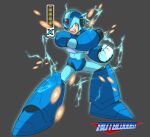  1boy adapted_costume arm_cannon armor artist_logo electricity green_eyes grey_background health_bar helmet hotbloodedmecha joints mega_man_(series) mega_man_x_(series) open_mouth shoulder_armor simple_background solo teeth weapon x_(mega_man) 