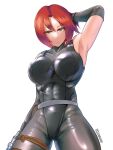  1girl armpits black_gloves black_leotard bodysuit breasts closed_mouth dino_crisis elbow_gloves gloves gun highres holding holding_weapon large_breasts leotard looking_at_viewer red_hair regina_(dino_crisis) short_hair simple_background skin_tight solo varbecrank weapon white_background 