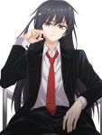  1girl amakuma black_hair black_jacket black_pants black_suit closed_mouth collared_shirt english_commentary grey_eyes highres jacket long_hair long_sleeves looking_down love_live! love_live!_nijigasaki_high_school_idol_club necktie on_chair one_side_up open_clothes open_jacket pants red_necktie shirt sidelocks sitting solo suit upper_body white_background white_shirt yuuki_setsuna_(love_live!) 