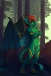  2017 anthro bioluminescence black_sclera demon detailed_background dragon earfins featureless_crotch garoline glowing green_skin hair horn incubus inkh kero_tzuki nude outside red_hair scalie wings 