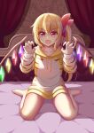  1girl absurdres alternate_costume animal_print blonde_hair claw_pose commentary_request crystal fang flandre_scarlet highres hood hoodie long_sleeves looking_at_viewer multicolored_wings no_headwear on_bed one_side_up open_mouth piaoluo_de_ying_huaban red_eyes side_ponytail sitting smile solo tiger_print touhou wariza wings yellow_hoodie 