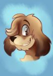 2017 8-bit-britt black_nose blue_background brown_body brown_ears brown_eyes brown_fur brown_hair bunnicula_(series) bust_portrait canid canine canis digital_media_(artwork) domestic_dog feral fur hair hair_over_eye harold_(bunnicula) hi_res looking_at_viewer male mammal multicolored_body multicolored_ears multicolored_fur one_eye_obstructed portrait simple_background smile solo teeth three-quarter_view two_tone_body two_tone_ears two_tone_fur
