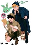  2boys absurdres animal animal_ears animalization black_eyes black_hair black_pants blonde_hair blue_coat brown_footwear brown_shorts cat cm_wm coat commentary_request deerstalker detective dog ekubo_(mob_psycho_100) full_body hand_on_own_chin hat highres holding holding_paper kageyama_shigeo long_sleeves magnifying_glass male_focus mob_psycho_100 multiple_boys necktie on_one_knee open_mouth pants paper paw_print rabbit rabbit_ears reigen_arataka shirt shoes short_hair shorts simple_background spirit spoken_animal white_background white_shirt 