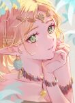  1girl artist_name blonde_hair bracelet collarbone earrings green_eyes highres jewelry medium_hair necklace parted_bangs pointy_ears princess_zelda seri_(yuukasakura) solo teeth the_legend_of_zelda the_legend_of_zelda:_tears_of_the_kingdom watermark 