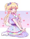  1girl :d blonde_hair blue_bow blush bow dress full_body hair_bow hands_on_own_legs highres hoshikuzu_(pinkholic) idol_clothes idol_time_pripara long_hair looking_at_viewer open_mouth pretty_series pripara purple_bow purple_dress purple_eyes purple_thighhighs ringlets seiza shoes short_sleeves sitting smile solo thighhighs two_side_up yumekawa_yui 