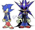  1boy android bell-bottoms black_cape black_sclera blue_fur blue_jacket boots buttons cape colored_sclera concept_art cosplay double-breasted dr._eggman dr._eggman_(cosplay) ear_piercing evil_smile gloves hedgehog_boy highres jacket knee_boots korean_text long_sleeves looking_at_viewer metal_sonic mojunpwo multiple_views no_pants pants piercing pointy_footwear red_eyes red_footwear serious smile sonic_(series) sonic_heroes spiked_belt transformation translation_request white_gloves wide_sleeves 
