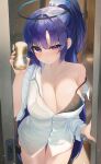  1girl absurdres black_bra blue_archive blush bra breasts can cleavage collarbone cowboy_shot dongyu door drooling drunk halo highres holding holding_can large_breasts long_hair looking_at_viewer mechanical_halo open_mouth purple_eyes purple_hair shirt short_sleeves solo underwear white_shirt yuuka_(blue_archive) 