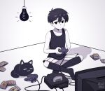  1boy absurdres animal aoiro_arts artist_name black_cat black_eyes black_hair black_shirt black_socks cable cat closed_mouth colored_skin controller crt english_commentary expressionless game_cartridge game_console game_controller hair_between_eyes highres holding holding_controller holding_game_controller jitome kneehighs light_bulb mewo nintendo_64 nintendo_64_controller omori omori_(omori) shirt short_hair shorts sitting sleeveless sleeveless_shirt socks striped_clothes striped_shorts television vertical-striped_clothes vertical-striped_shorts white_shorts white_skin 