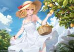  1girl ardenlolo bare_shoulders blonde_hair blush breasts cowboy_shot dress food fruit hat holding holding_food holding_fruit hololive kaela_kovalskia medium_breasts medium_hair outdoors picnic_basket red_eyes smile solo spaghetti_strap straw_hat summer sundress tree virtual_youtuber 