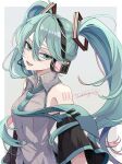  1girl :d arms_at_sides bare_shoulders black_skirt blue_eyes blue_hair blue_necktie border breasts collared_shirt detached_sleeves floating_hair floating_neckwear frilled_shirt frills from_side grey_background grey_shirt hair_between_eyes hatsune_miku headset highres long_hair long_sleeves looking_at_viewer lower_teeth_only microphone naguno-0713 necktie number_tattoo open_mouth outside_border shirt sidelocks signature simple_background skirt sleeveless sleeveless_shirt small_breasts smile solo tattoo teeth tie_clip twintails upper_body vocaloid white_border wing_collar 