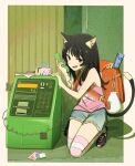  1girl absurdres animal_ear_fluff animal_ears backpack bag black_hair blush border brown_eyes cat_ears cat_tail denim denim_shorts fang hands_up highres holding holding_phone kneeling long_hair o_mozi_r open_mouth original payphone pencil_case phone phonecard pink_shirt randoseru recorder_case shadow shirt shoes shorts sleeveless sleeveless_shirt sneakers solo striped_clothes striped_thighhighs tail test thighhighs torn_clothes torn_shorts white_border 