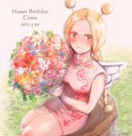  1girl blonde_hair blush bouquet character_name commentary_request conis_(one_piece) dated dress flower grass happy_birthday holding holding_bouquet holding_flower looking_at_viewer one_piece pink_dress shina_(ooo417ooo) smile solo twintails wings 