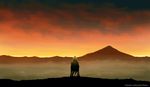  chair city_lights cloud cloudy_sky commentary from_behind hill horizon kijineko landscape medium_hair mountainous_horizon original outdoors red_sky scenery signature sitting sky solo sunset twitter_username 