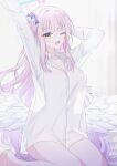  1girl absurdres angel_wings arm_up barefoot blue_archive blush collared_shirt feathered_wings flower hair_bun hair_flower hair_ornament halo highres long_hair long_sleeves looking_at_viewer mika_(blue_archive) one_eye_closed open_mouth pink_hair pink_halo purple_flower seno_(senohime) shirt single_side_bun solo white_shirt white_wings wings yellow_eyes 