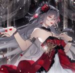  1girl bare_shoulders black_choker breasts choker cleavage dress eyeliner fang flower fu_hua fu_hua_(herrscher_of_sentience) fu_hua_(turn_up_the_music!)_(herrscher_of_sentience) grey_hair hair_between_eyes hair_flower hair_ornament halterneck hands_up haruka_(rsyaooooo) highres honkai_(series) honkai_impact_3rd jewelry long_hair looking_at_viewer makeup multicolored_hair official_alternate_costume open_mouth red_dress red_eyeliner red_eyes red_flower red_rose rose sleeveless sleeveless_dress small_breasts solo streaked_hair transparent_curtains white_hair yellow_pupils 