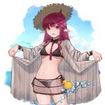  02_(0203rei_ni) absurdres arknights bikini black_bikini blue_sky braid breasts clothes_lift cloud cowboy_shot detached_collar hands_up hat highres horns long_hair looking_at_viewer navel necktie ocean official_alternate_costume open_mouth pointy_ears red_eyes red_hair red_necktie rubber_duck see-through see-through_skirt side-tie_bikini_bottom sidelocks single_horn skirt sky solo stomach straw_hat swimsuit twin_braids vigna_(arknights) vigna_(casual_vacation)_(arknights) 