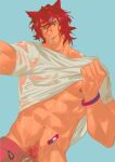  1boy absurdres animal_ears bandaid bara cowboy_shot groin head_tilt highres large_pectorals le_zhang_zhang league_of_legends lifted_by_self male_focus male_pubic_hair male_swimwear muscular muscular_male navel outstretched_arm pectorals pubic_hair pubic_hair_peek red_hair red_male_swimwear scar scar_on_face scar_on_nose selfie sett_(league_of_legends) shirt short_hair smile solo swim_trunks thick_eyebrows underpec veiny_crotch wet wet_clothes wet_shirt 