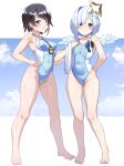  2girls amane_kanata angel_wings aqua_eyes ayagi_daifuku bare_legs barefoot blue_hair blue_one-piece_swimsuit blush breasts brown_hair closed_mouth commentary_request competition_swimsuit covered_navel feathered_wings full_body grey_hair groin halo hand_on_own_hip highleg highleg_swimsuit highres hololive looking_at_viewer medium_breasts mini_wings multicolored_hair multiple_girls one-piece_swimsuit oozora_subaru pink_hair short_hair sidelocks single_hair_intake small_breasts smile standing star_halo stopwatch stopwatch_around_neck streaked_hair swimsuit teeth towel two-tone_swimsuit virtual_youtuber wet wings 