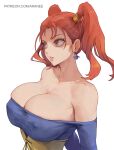  1girl 1other araneesama blush breasts cleavage corset covered_nipples dragon_quest dragon_quest_viii frown heavy_breathing hickey highres jessica_albert large_breasts looking_to_the_side off-shoulder_shirt off_shoulder orange_hair patreon_username red_eyes red_hair shirt sweat twintails yellow_corset 
