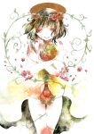  1girl apple blunt_bangs closed_eyes collarbone dress flower flower_ring food fruit halo head_wreath highres jewelry kurage_nanami leaf original painting_(medium) plant red_flower ring short_hair sidelocks simple_background smile solo teeth thighs traditional_media vines watercolor_(medium) white_background white_dress white_nails 