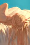  1girl blonde_hair blue_background chainsaw_man demon_horns facing_away highres horns kozzz_y long_hair lying nude on_bed on_side pillow power_(chainsaw_man) simple_background solo straight_hair sunlight 