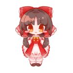  1girl :&lt; black_footwear blush_stickers bow bowtie brown_hair chibi closed_mouth detached_sleeves dress frilled_bow frilled_hair_tubes frills hair_bow hair_tubes hakurei_reimu highres inukkomaru long_hair looking_at_viewer red_bow red_dress simple_background socks solo standing touhou white_background white_socks yellow_bow yellow_bowtie yellow_eyes 