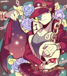  2boys belt bisected black_hair blood blue_flower blue_rose chain closed_mouth coat collarbone dio_brando earrings flower glowing glowing_eye gold_bracelet grey_shirt hat holding holding_skull jewelry jojo_no_kimyou_na_bouken kotorai kujo_jotaro long_sleeves male_focus multiple_boys out_of_frame pectoral_cleavage pectorals red_coat red_headwear rose severed_torso shirt skull solo_focus star_(symbol) 