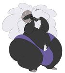  2017 2_toes 3_fingers anthro belly big_belly black_sclera caprine chest_tuft clothed clothing digital_media_(artwork) fluffy fur hand_on_face horizontal_pupils horn looking_at_viewer male mammal navel overweight piercing pubes rakashama seductive sheep skimpy smile solo standing thick_thighs toes topless tuft underwear white_fur wide_hips 