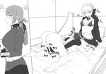  2girls absurdres apron araki_jeccy artoria_pendragon_(all) artoria_pendragon_(swimsuit_rider_alter) ass bed blush bottomless braid breasts cleavage commentary eyebrows_visible_through_hair fate/grand_order fate_(series) florence_nightingale_(fate/grand_order) footjob fujimaru_ritsuka_(male) greyscale hetero highres hood hooded_jacket implied_cunnilingus jacket large_breasts long_hair lying maid_headdress medium_breasts monochrome multiple_girls on_stomach open_mouth penis pillow sitting testicles thighhighs 