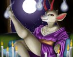 2022 animal_crossing anthro asian_clothing blandy_(artist) breasts candle chest_tuft cleavage clothed clothing deer digital_media_(artwork) digital_painting_(artwork) east_asian_clothing eyelashes female fur horn japanese_clothing kimono looking_at_viewer mammal moon narrowed_eyes night nintendo orange_eyes pillow purple_clothing purple_kimono raised_leg red_horn shino_(animal_crossing) sitting smile snaggle_tooth solo tan_body tan_fur thick_thighs tuft white_body white_fur wide_hips