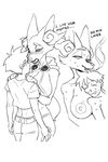  1boy 1girl aftersex animal_ears bare_shoulders belt bikini_armor blush breasts cigarette cleavage collarbone delphox drooling english fox_ears fox_tail from_behind furry greyscale half-closed_eyes hands_on_another&#039;s_shoulders highres jijisama large_breasts looking_down monochrome multiple_views nipples pants pokemon pokemon_(creature) pokemon_xy shirt short_hair short_sleeves simple_background sketch smile smoke smoking standing sweat tail text white_background 