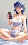  1girl blue_hair breasts cellphone closed_mouth genderswap genderswap_(mtf) highres holding holding_phone idolish7 medium_breasts midriff momo_(idolish7) multicolored_hair navel phone pink_eyes pink_nails sana423 shorts smartphone solo stomach tank_top white_shorts white_tank_top 