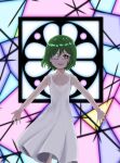  1girl bright_pupils clover collarbone commentary dress eyepatch flat_chest four-leaf_clover green_hair hair_between_eyes handiro happy highres lala_(watashi_no_koko) lalavoice logo looking_at_viewer open_mouth outstretched_arms petite red_eyes short_hair smile solo spread_arms stained_glass teeth upper_teeth_only watashi_no_koko white_dress white_pupils 