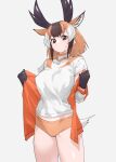  1girl animal_ear_fluff animal_ears bare_legs black_gloves breasts brown_buruma brown_eyes brown_hair buruma commentary cowboy_shot extra_ears gloves grey_background highres horizontal_pupils horns jacket kemono_friends large_breasts long_sleeves looking_at_viewer medium_hair multicolored_hair open_clothes open_jacket orange_hair orange_jacket pronghorn_(kemono_friends) shirt short_sleeves simple_background solo sweat tail tanabe_(fueisei) thighs track_jacket undressing white_hair 