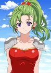  1girl absurdres armor arms_at_sides blue_sky breasts cleavage collarbone commentary_request dress earrings final_fantasy final_fantasy_vi green_hair hair_bobbles hair_ornament highres jewelry medium_breasts ponytail purple_eyes red_dress shoulder_armor sky smile solo strapless terra_branford yuuyuu_(3jjbn) 