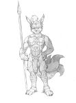 2020 absurd_res anthro armor canid canine death_mountain_trail_gatekeeper flaccid foreskin fox genitals hi_res humanoid_genitalia humanoid_penis hylian_crest male mammal melee_weapon monochrome multi_tail nintendo penis polearm pubes solo spear tail the_legend_of_zelda unconvincing_armor utx-shapeshifter vein veiny_penis weapon