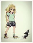  1girl bird blonde_hair brown_eyes comeco full_body futaba_anzu hands_in_pockets idolmaster idolmaster_cinderella_girls long_hair low_twintails pigeon shirt shoes shorts smile sneakers solo t-shirt twintails very_long_hair 
