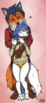 anthro arctic_fox artemis_(smneff) bad_guy_cafe blue_body blue_fur blue_hair blush brown_eyes canid canine duo female fox fur hair heterochromia kissing male mammal mia_(smneff) orange_body orange_fur scar true_fox white_body white_fur yellow_eyes ziegelzeig