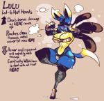 2023 anthro armor athletic big_breasts blue_body blue_fur blush bodily_fluids breasts canid canine clothing digital_media_(artwork) directional_arrow english_text female fur generation_4_pokemon jinti_(artist) lucario lulu_(aura98) mammal nintendo one_leg_up open_mouth pokemon pokemon_(species) pokemorph raised_leg simple_background solo steam sweat tail text thick_thighs torn_clothing unconvincing_armor yellow_body yellow_eyes yellow_fur