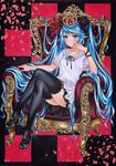  aqua_hair bangs black_legwear black_skirt blue_eyes breasts collarbone colored_pencil_(medium) crossed_legs crown feathers full_body hair_ribbon hatsune_miku highres inuono_mama long_hair looking_at_viewer mary_janes nail_polish petals ribbon shoes short_sleeves signature sitting skirt small_breasts solo thighhighs throne traditional_media twintails very_long_hair vocaloid world_is_mine_(vocaloid) 